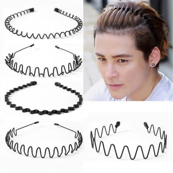 1/6PCS Fashion Black Metal Waved Style Sports Hairband Solid Color Men Women Unisex Hair Band Casual Adult Headwear for Boy