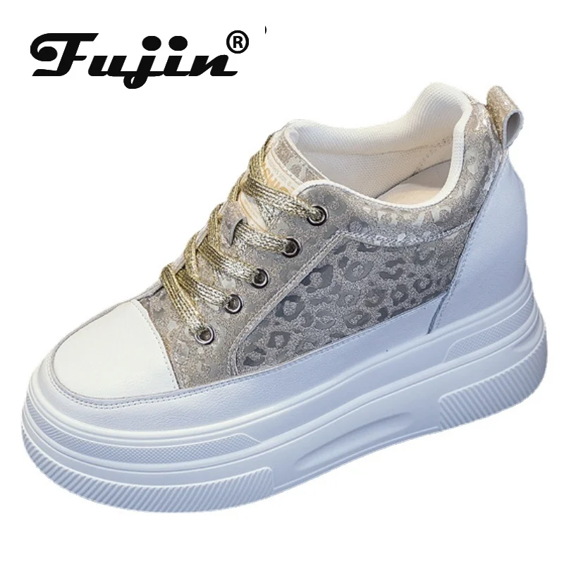 Fujin 10cm New Genuine Leather Embossed Chunky Sneakers Women's Platform Wedge Causal Walking INS Fashion Modern Vulcanize Shoes