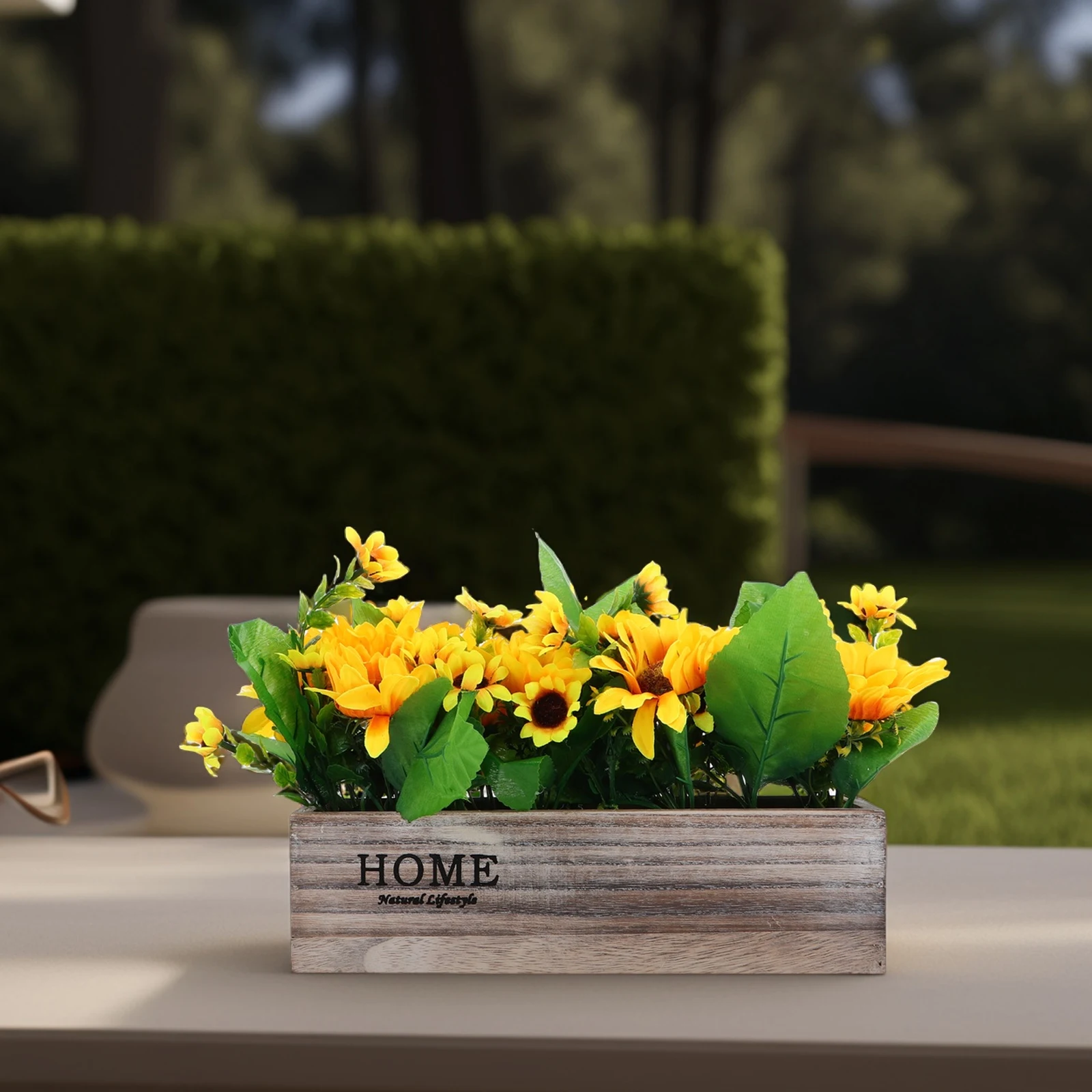 

Faux Sunflower Potted Plant with Vibrant Yellow Blooms in Decorative Wood Box Artificial Flowers for Home Office Desk Table