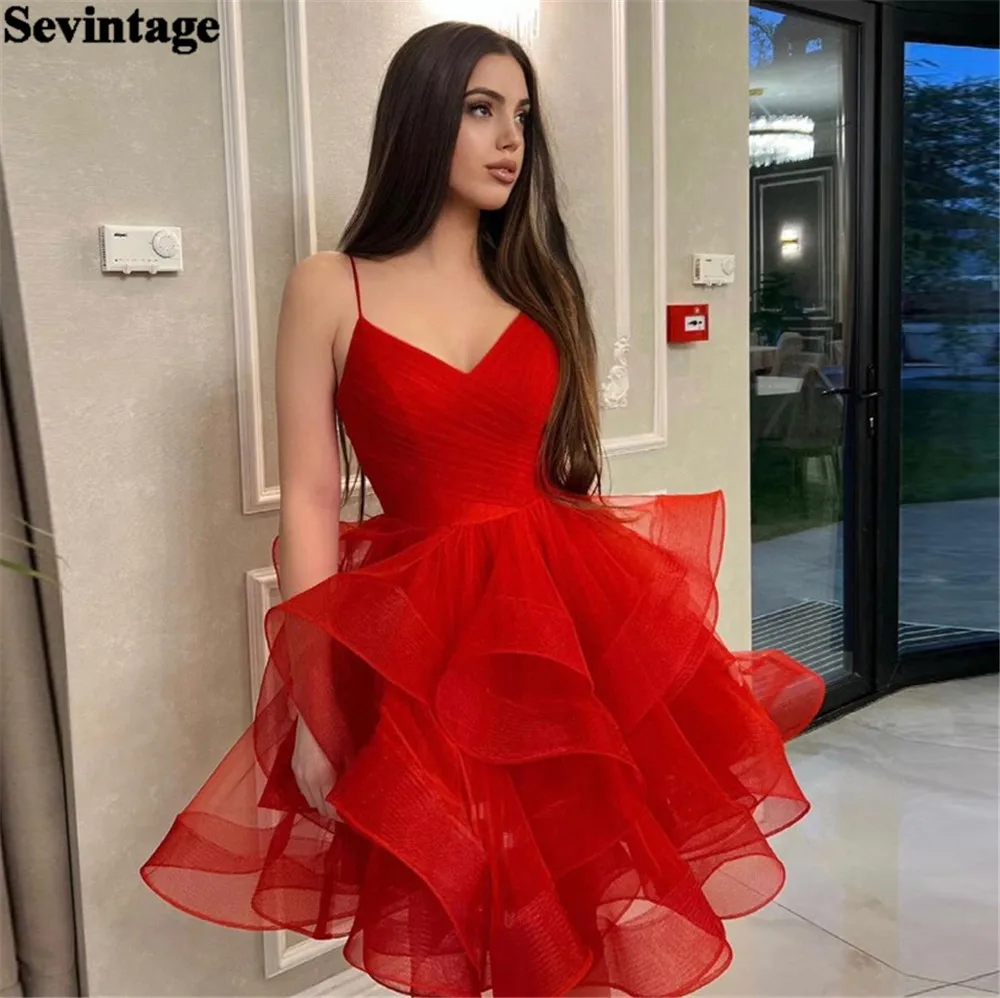 

Sevintage Hearty Organza Prom Dress V-Neck Spaghetti Strap Ruffles Tiered Above Knee Sheath Homecoming Dresses Graduation Party