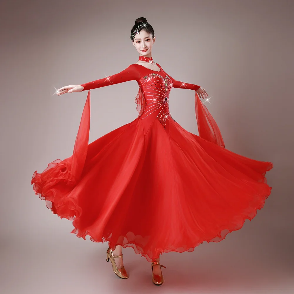 New modern dance diamond-studded full-skirt performance dress for national standard dance competition, ballroom waltz dress