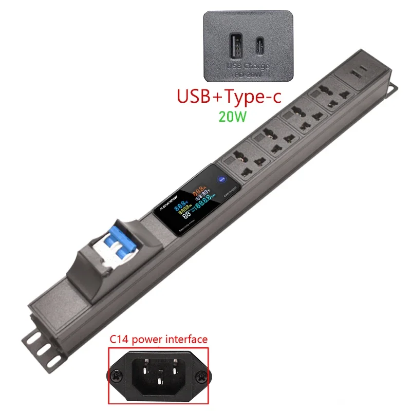 Power strip C14 interface Type-c+USB Digital meter 16A Circuit breaker 2-5Ways socket For Cabinet rack wall desktop mount