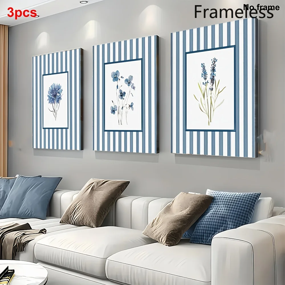 2D Flat, 3pcs Set of High-end Decorative Paintings, Unframed, Blue Botanical Wall Art, Vintage Wall Art Watercolor Painting,