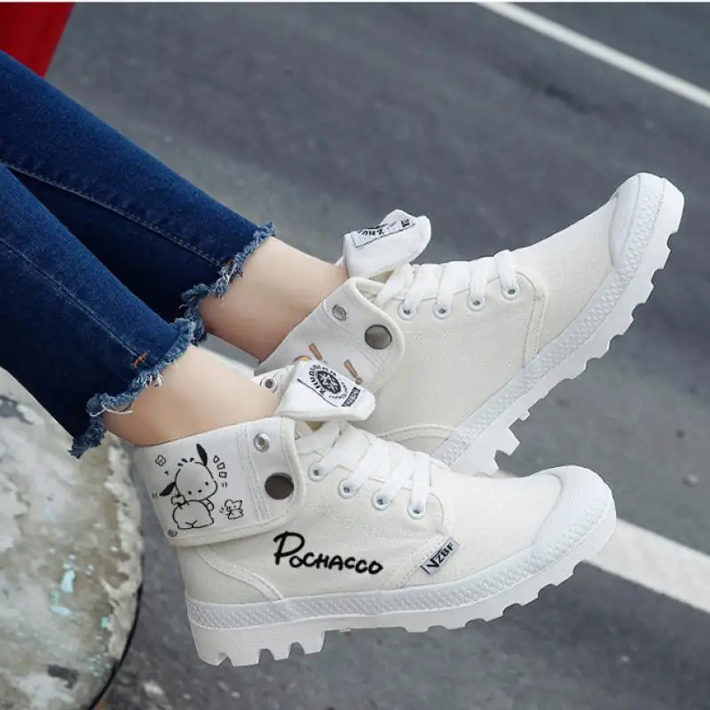 Canvas Shoes Sanrio Kawaii Cinnamoroll Pochacco Kuromi Hellokitty Comfortable High Top Shoes Fashion Versatile Small White Shoes