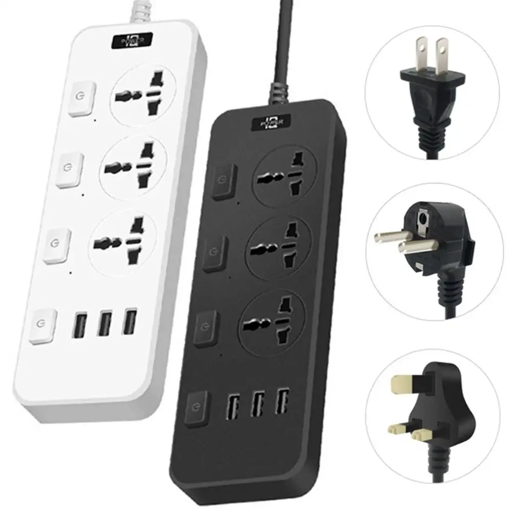 Universal Electric Plug Socket 2500W 3 USB Ports Flat Outlet Extender Cord Independent switch control 3 Outlet Power Strips