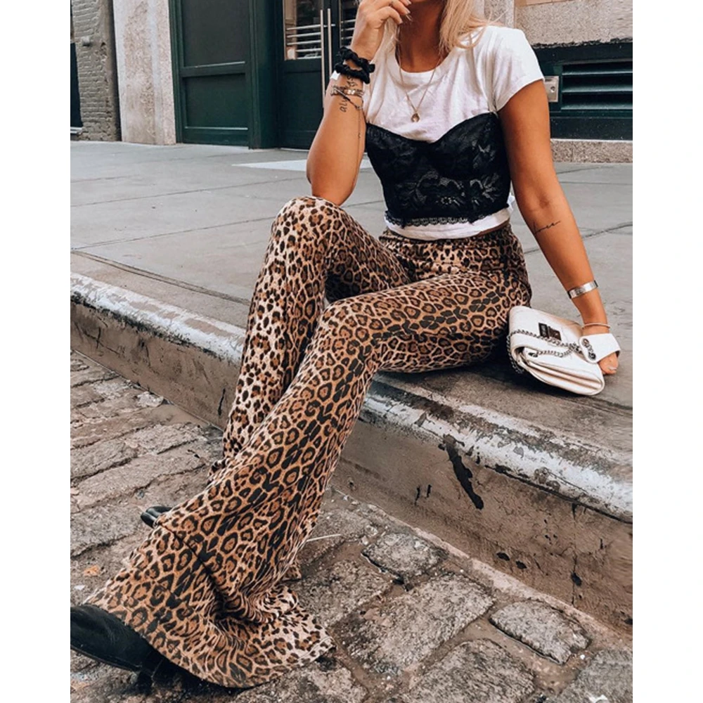 2023 Autumn Women Leopard Print High Waist Skinny Pants New Fashion Femme Slim High Waist Flared Trousers Lady Casual Streetwear