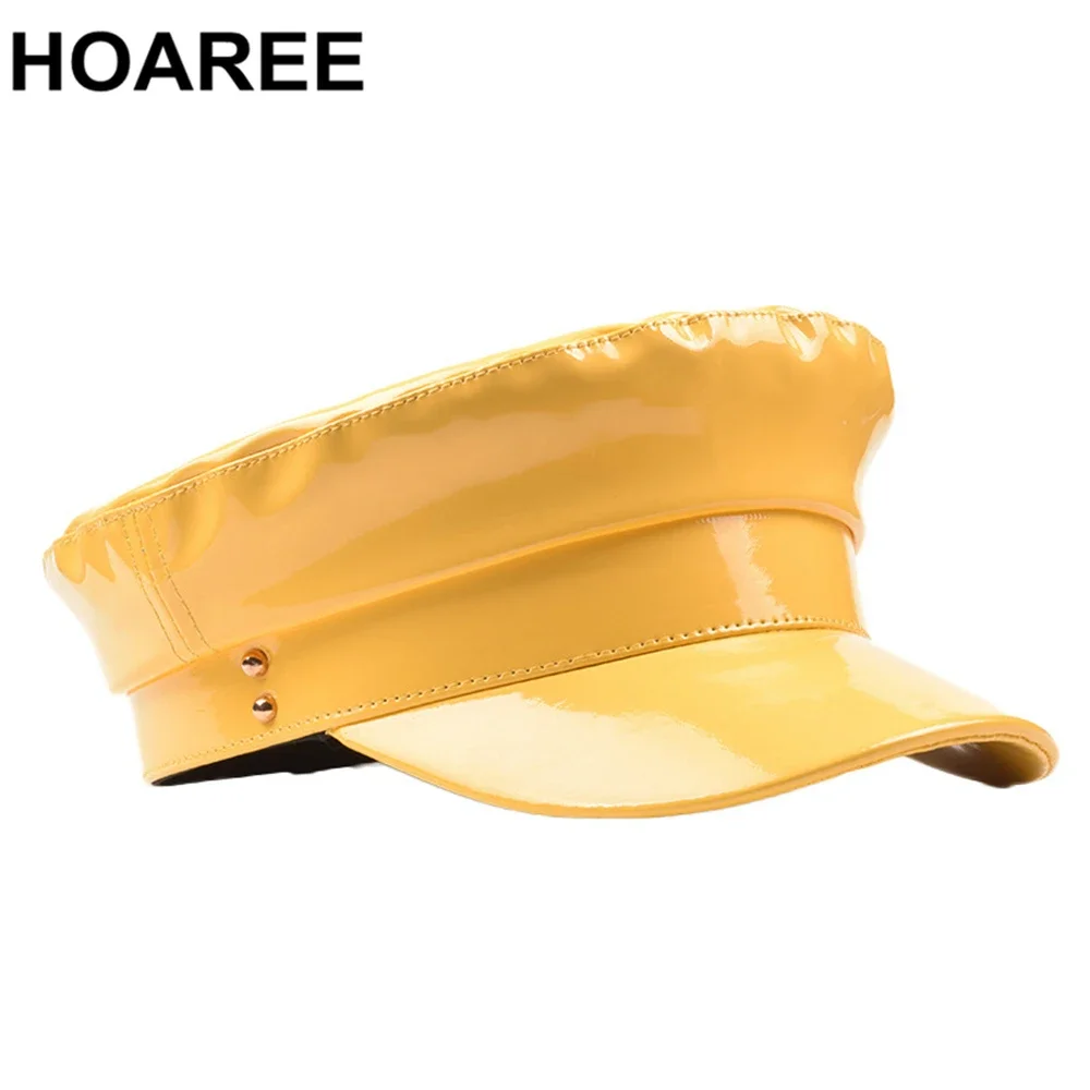 HOAREE Black Patent Leather Military Hat Women Solid Vintage Hats Ladies Flat Cap Spring Autumn Female 2024 New Brand Sailor Hat