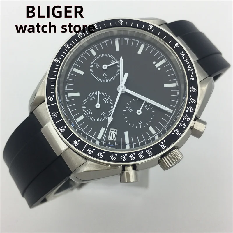 40mm Bliger Black Dial Stainless Steel Case Day Week Indicator Multifunction Automatic Mens Watch Scratch Proof Mineral Glass