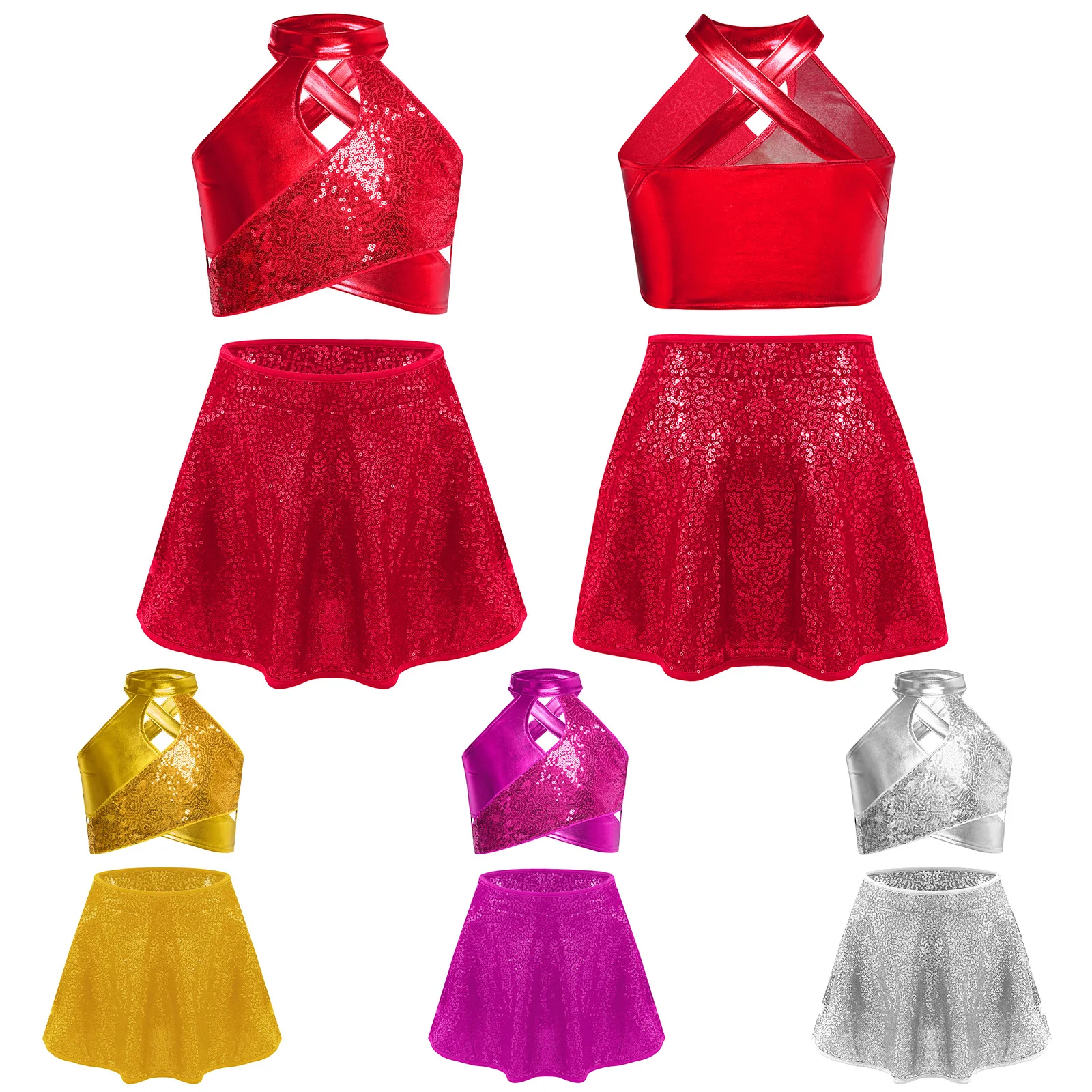 Traje de baile de Jazz para niñas, Top corto metálico con lentejuelas cruzadas y falda de lentejuelas, conjunto para gimnasia, Ballet, trajes de baile latino