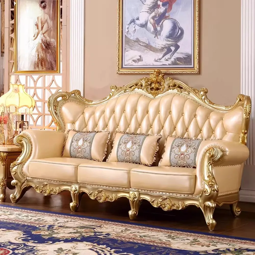 New European solid wood carving flower leather combination sofa size apartment high-end luxury
