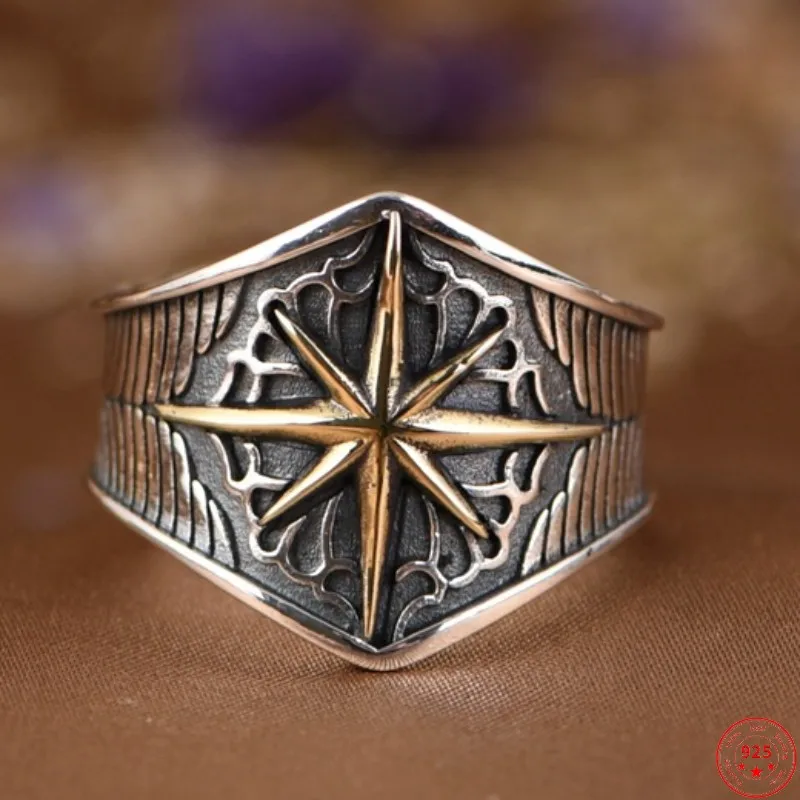 Genuine S925 Sterling Silver Rings for Men Women 2023 New Fashion Golden Eight-pointed Star Vintage Pure Argentum Punk Jewelry