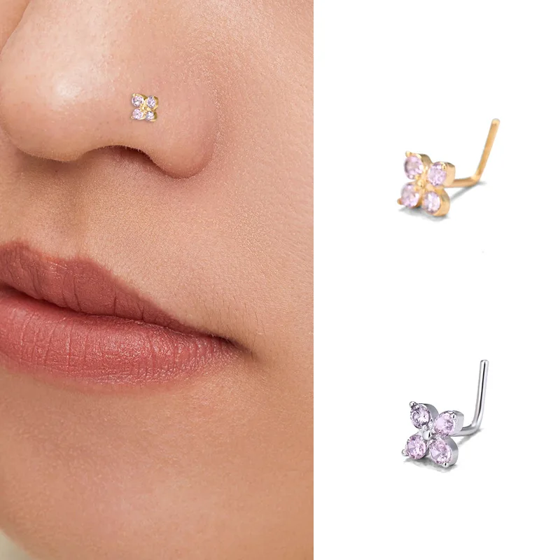 

New sterling silver 925 zircon nose stud L-bar four-leaf flower right angle nose ornament piercing jewelry