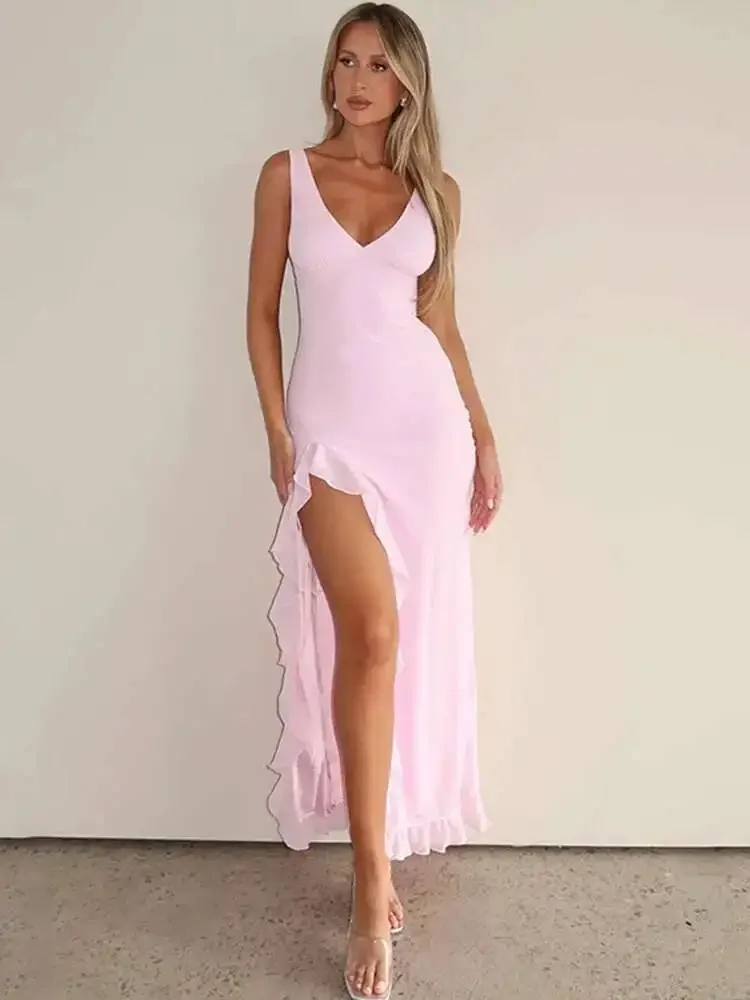 

Avrilyaan Ruffle High Split Sexy Dress Women 2024 Robes Elegant Evening Summer Dress Backless Party Long Midi Dress Vestidos