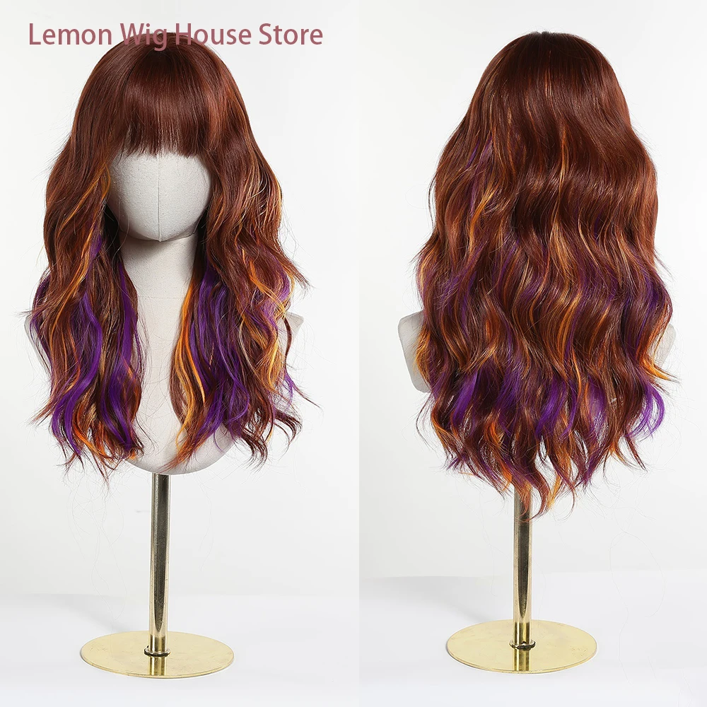 Medium Wavy Lolita Wig Cosplay Chestnut Brown Wigs Orange Purple Ombre Highlight Synthetic Wig for Women Halloween Costume Wig