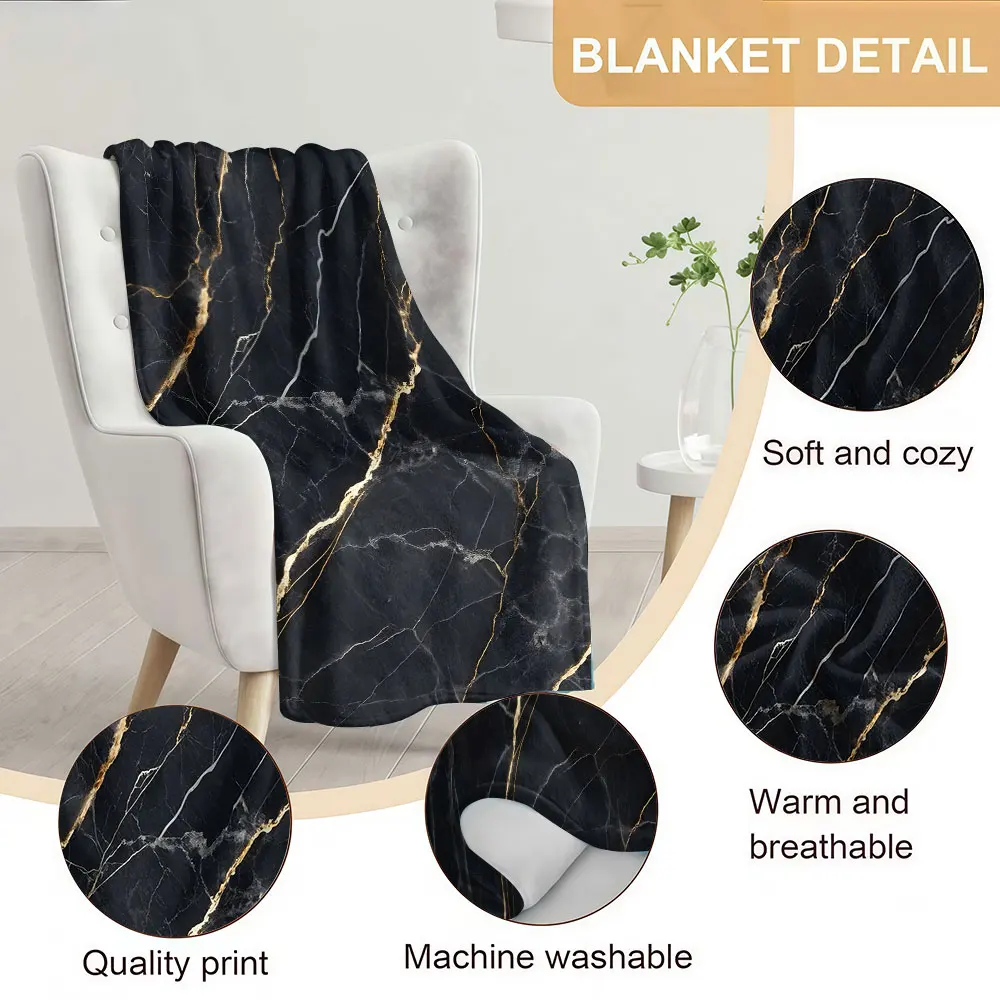 Black Gold Vein Marble Soft Warm Flannel Blanket Lightweight Cozy Christmas Halloween Home Decor Room