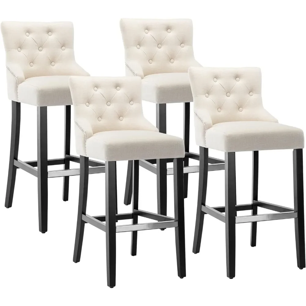 29'' Linen Bar Stools Set of 4, Modern Linen Upholstered Bar Height Bar Chairs, Button-Tufted Fabric Barstools with Back