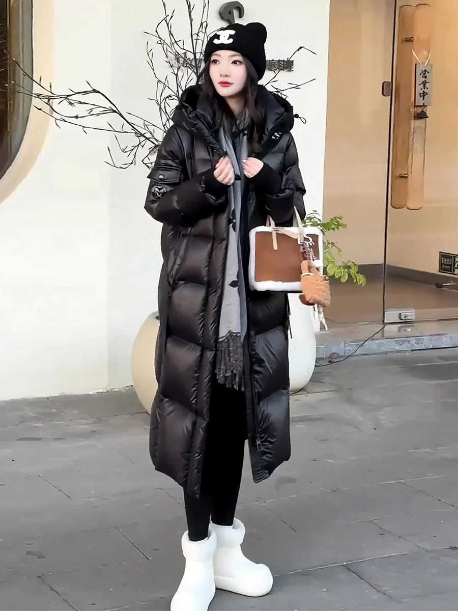 Invierno Thiened largo por encima de la rodilla blanco Du down Jaet mujer coreano Sle Ultra-resistente abrigo cálido con sombrero