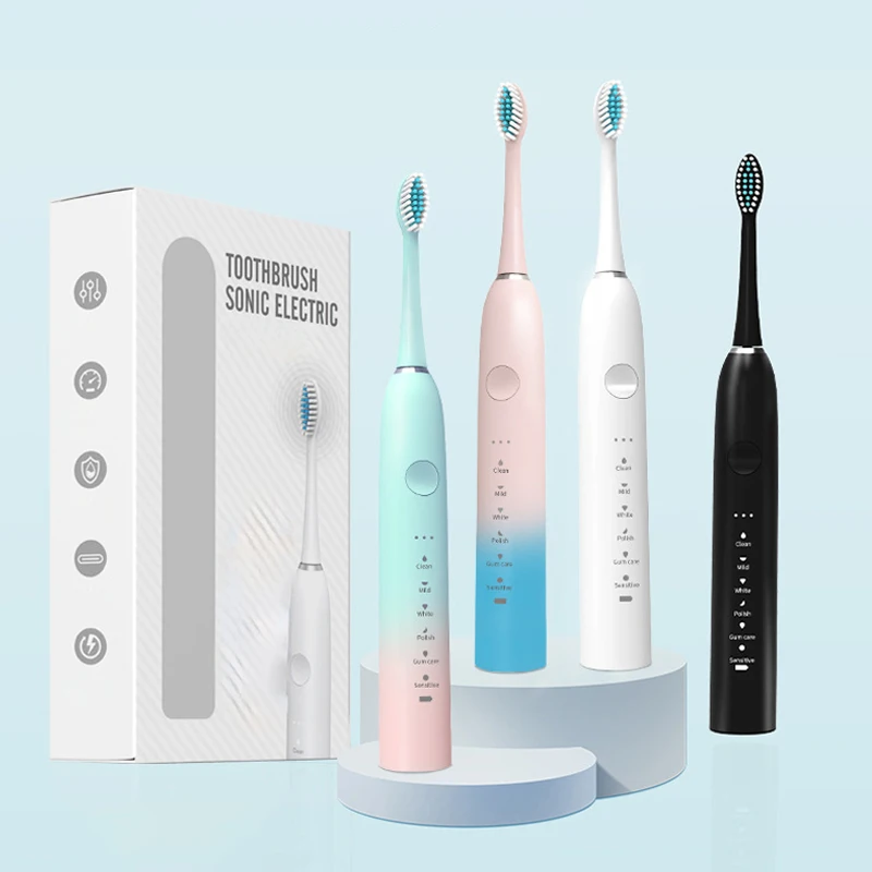 

Ультразвуковая звуковая электрическая зубная щетка, перезаряжаемая через USB зубная щетка для взрослых, 6 режимов, умный таймер, отбеливающая зубная щетка, водонепроницаемая