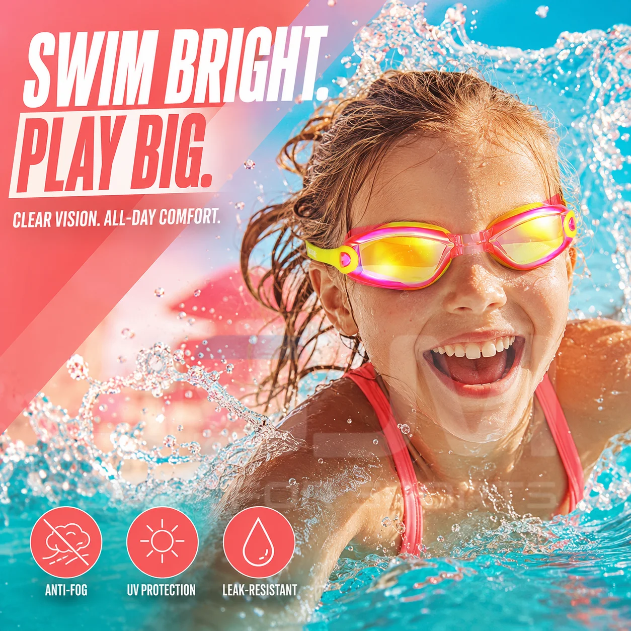 JSJM Kids Swimming Goggles Anti-Fog UV Protection Leakproof Wide View Adjustable Swim Glasses Set with Nose Clip and Ear Plugs