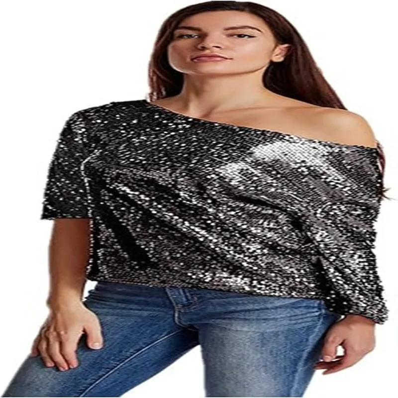 2025 European and American new style loose sequin sloping shoulder short sleeved casual sequin deep V-shirt
