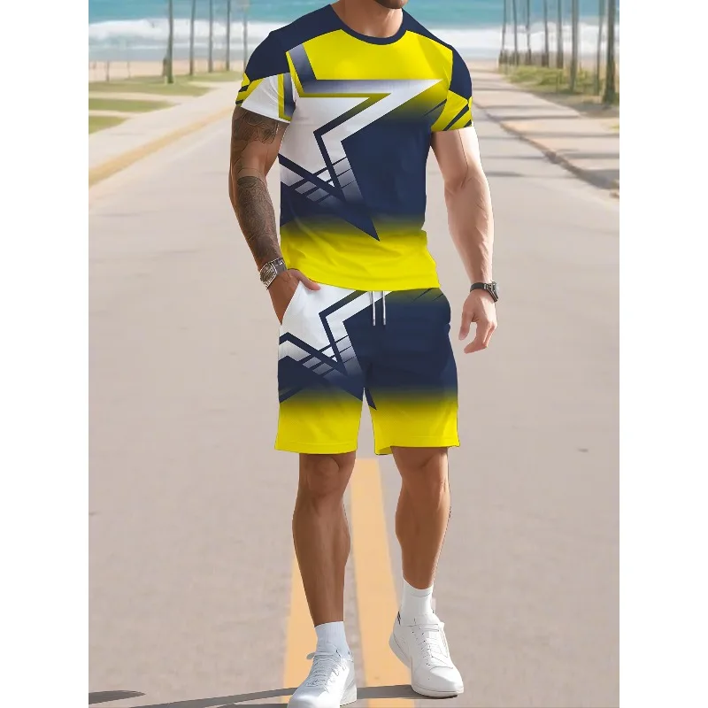 

2025 Retro Men's Fashion T-shirt 3D Digital Printing Creative Casual Round Neck Short Sleeve Shorts Set Summer New Trend