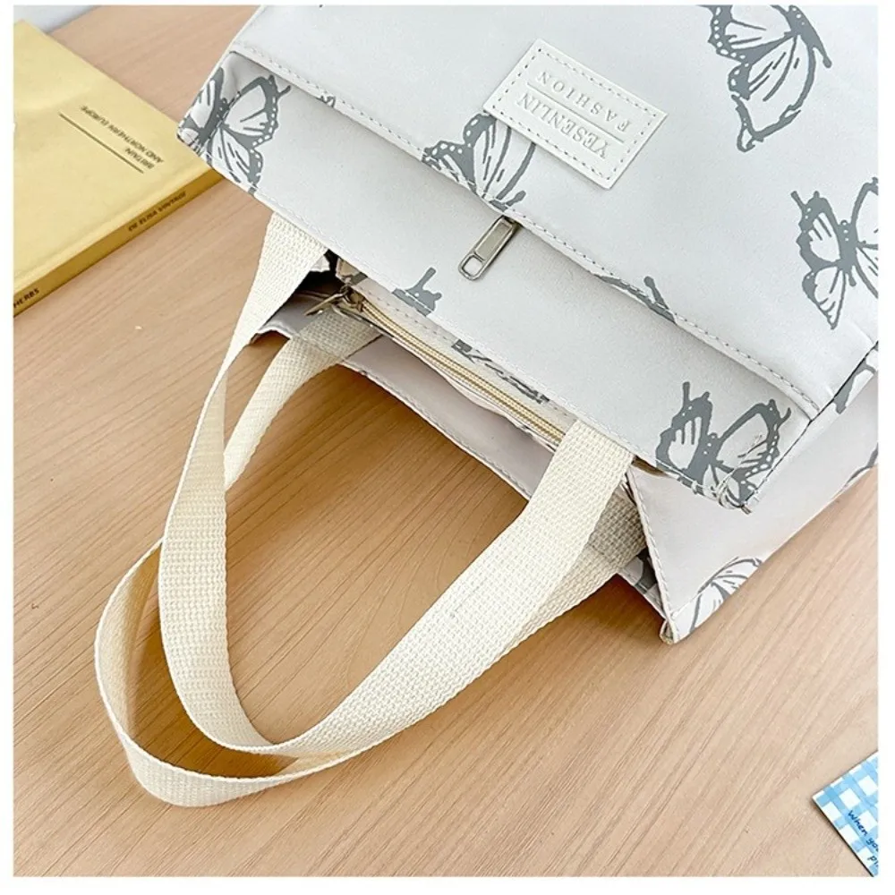 Portable Butterfly Printed Handbag Nylon Ultralight Picnic Lunch Bag with Zipper Large Capacity Travel Tote Bag