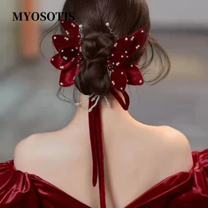 Повязка для волос женская, свадебный аксессуар для волос, обручальный головной убор, романтичное украшение цвета красного вина