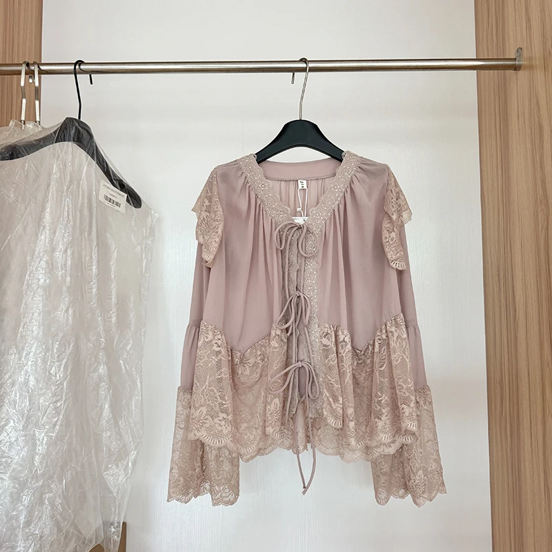 

MEXZT Vintage Chiffon Shirts Women Elegant Lace Patchwork Lace Up Blouses Summer Ladies Korean Long Sleeve Casual Design Tops