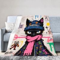 Vibrant Graffiti-Style Black Cat Blanket - Soft Plush Throw with Striking Blue Eyes, Blue Beanie & Pink Scarf Design - Bold Stre