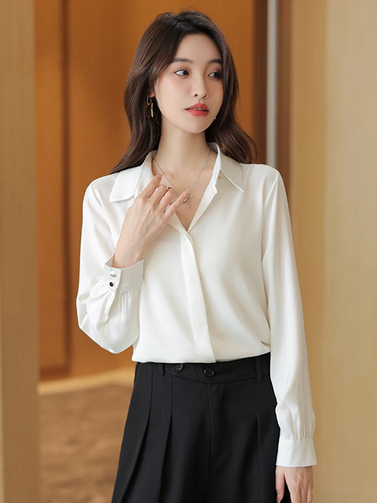 

Ele White Long Sve irt Women's Spring Faion 2026 Slimming Profional Formal Top Korean Sle Splice Decoration