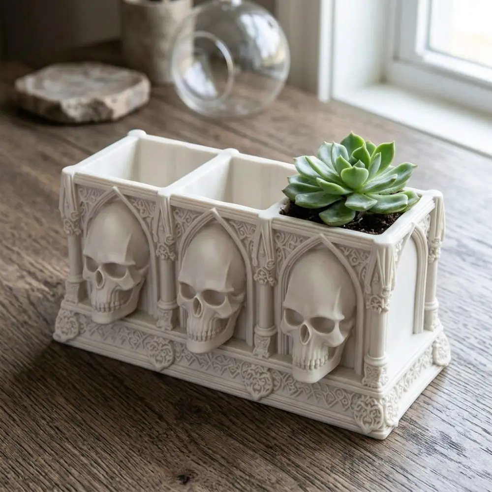 3D Printed Halloween Skull Pen Holder Spooky Gothic Style Skeleton Flower Planter Pot Raised Relief 3-Slot Skull Desk Organizer