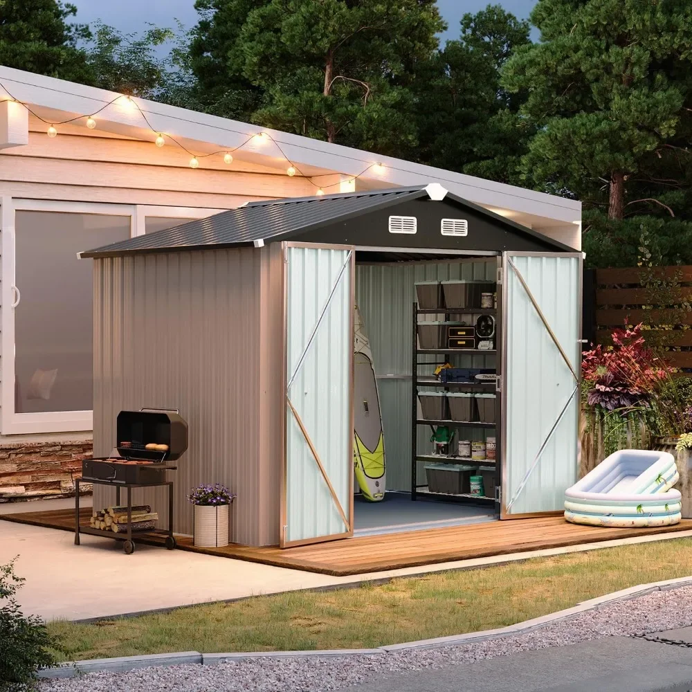 Outdoor Storage Shed With Flood 6 X 8 FT Metal Tool Shed With Door and Lock Outdoor Shed Plastic Floor Included Brown Sheds Home