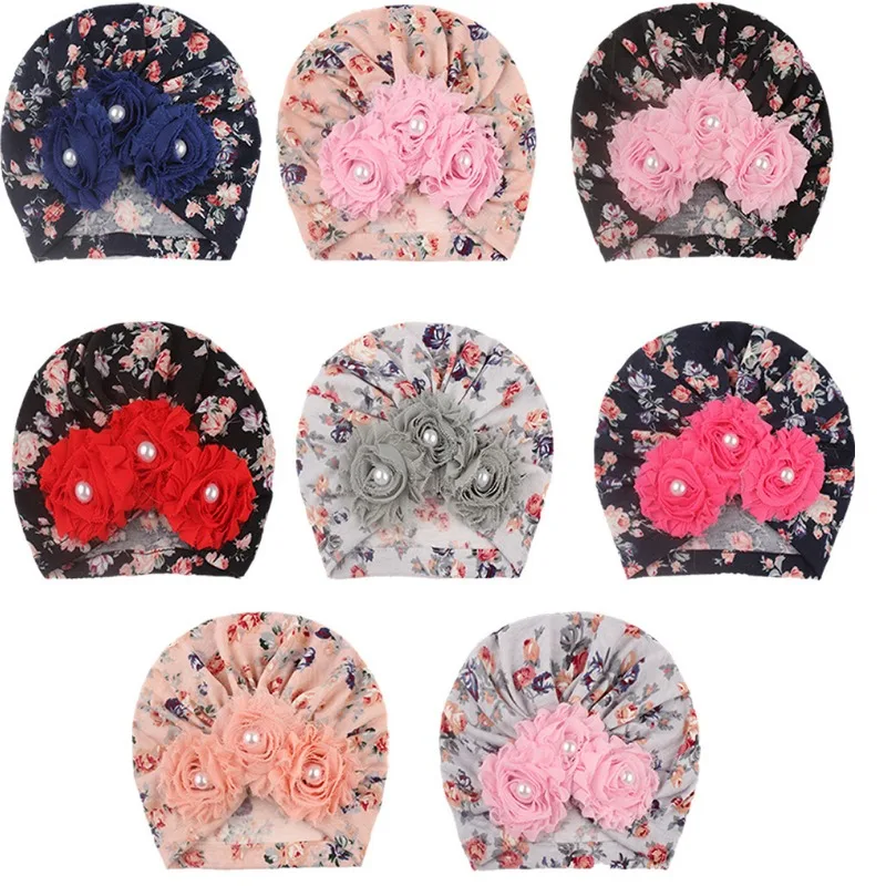 New Printed Four Bead Baby Hat Four Bead Children's Soft Printed Borderless Headscarf Sunflower Adhesive Bead Hair Accessory