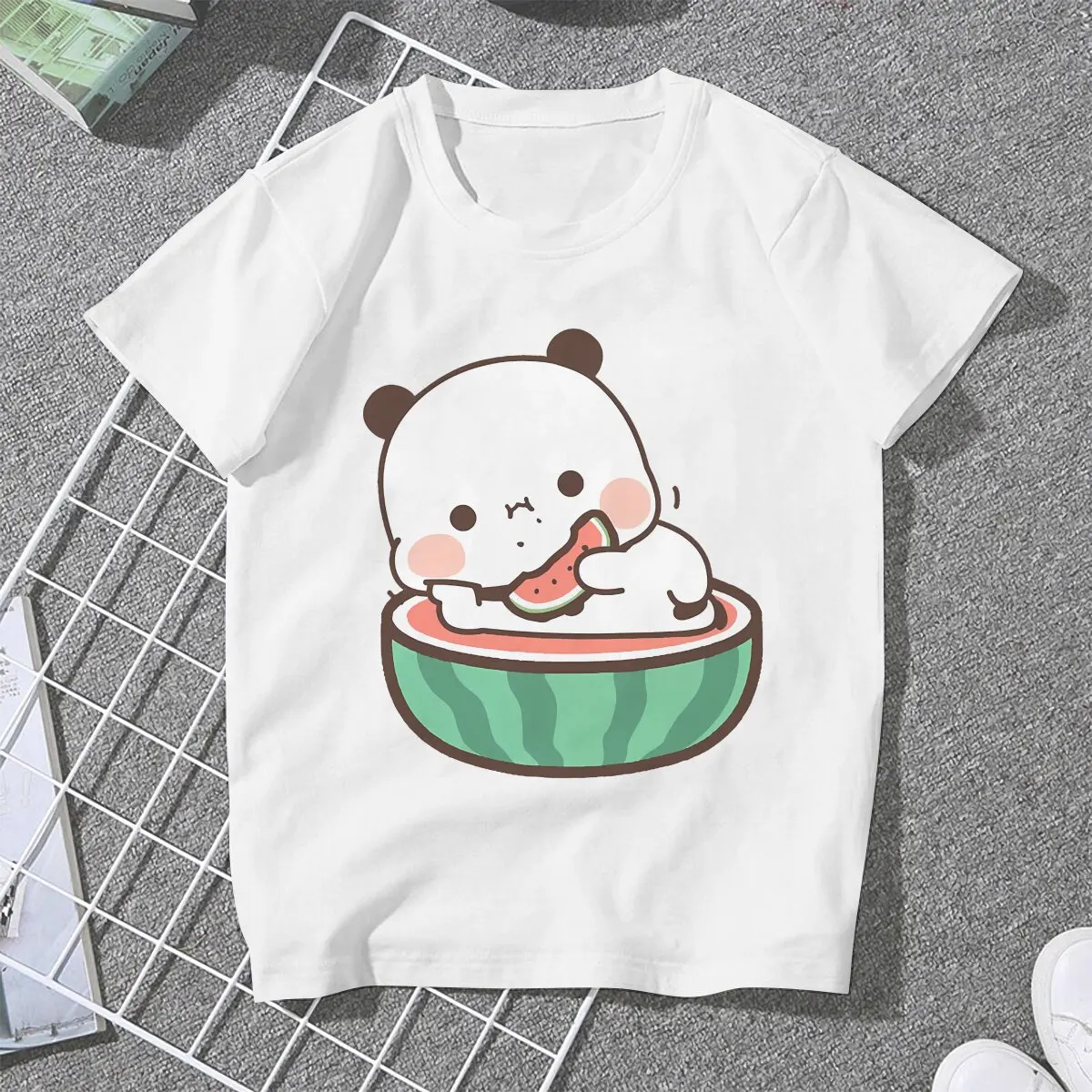 Watermelon Tok Women's T Shirt Milk and Mocha Bubu Dudu Ladies Tees Kawaii Polyester Tops Basic Tshirt y2k Hipster