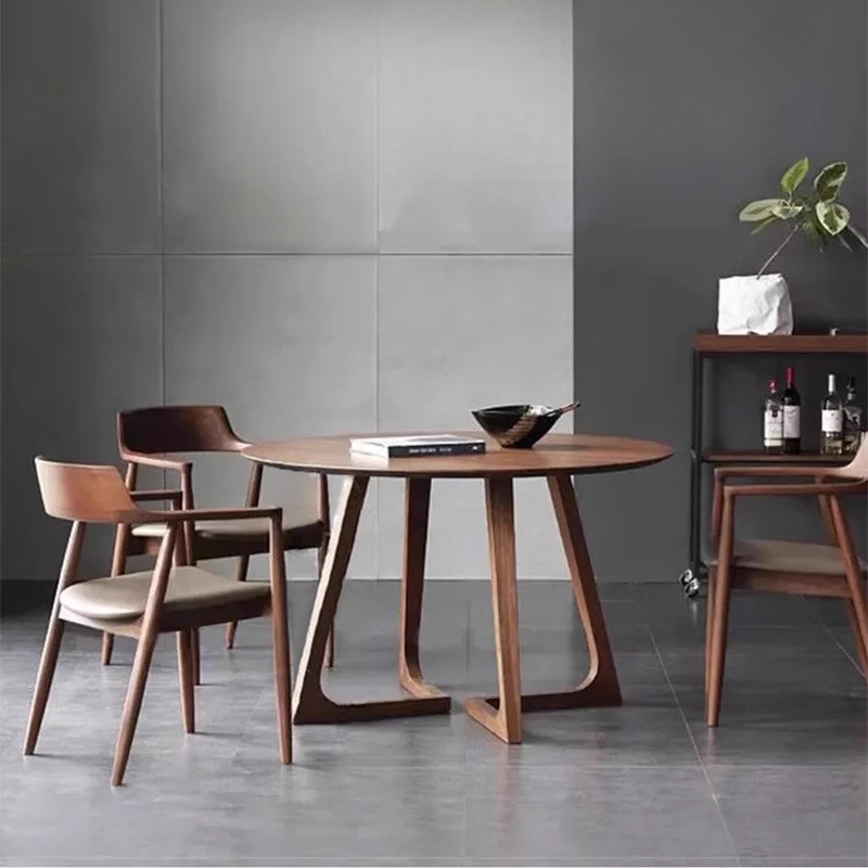 Solid Wood Round Dining Table Simple And Casual Negotiation Table Chair Combination Home Reception Negotiation Walnut Tea Table