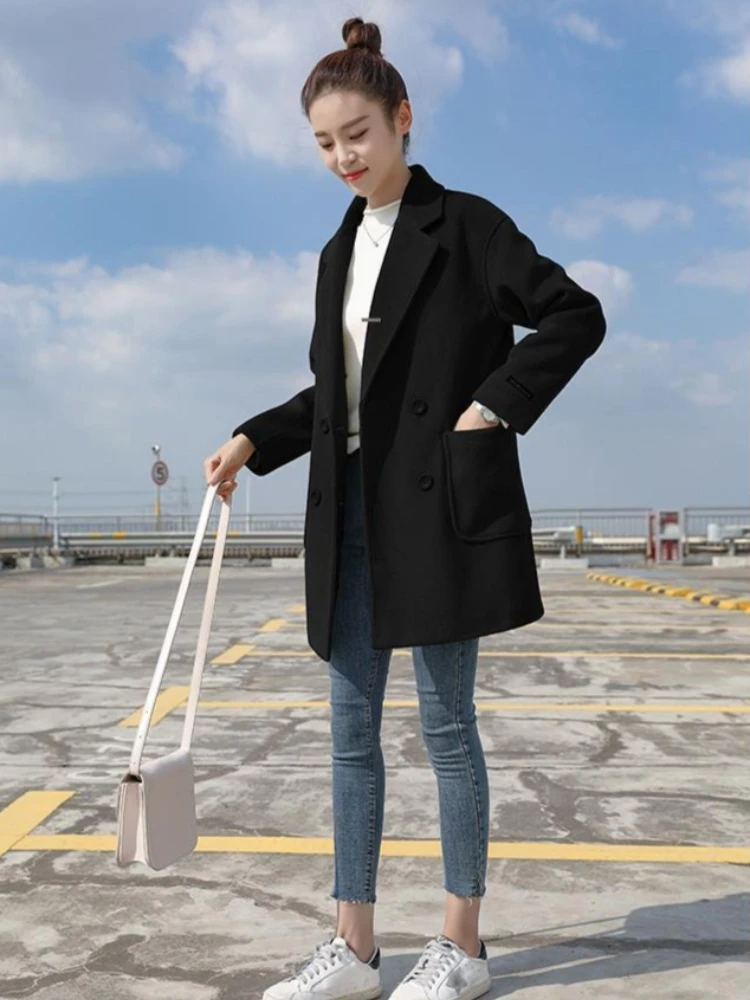 

2025 Fall Winter Petite Women Mid Length Woolen Overcoat Korean Ins Trend Thick Casual Tweed Coat