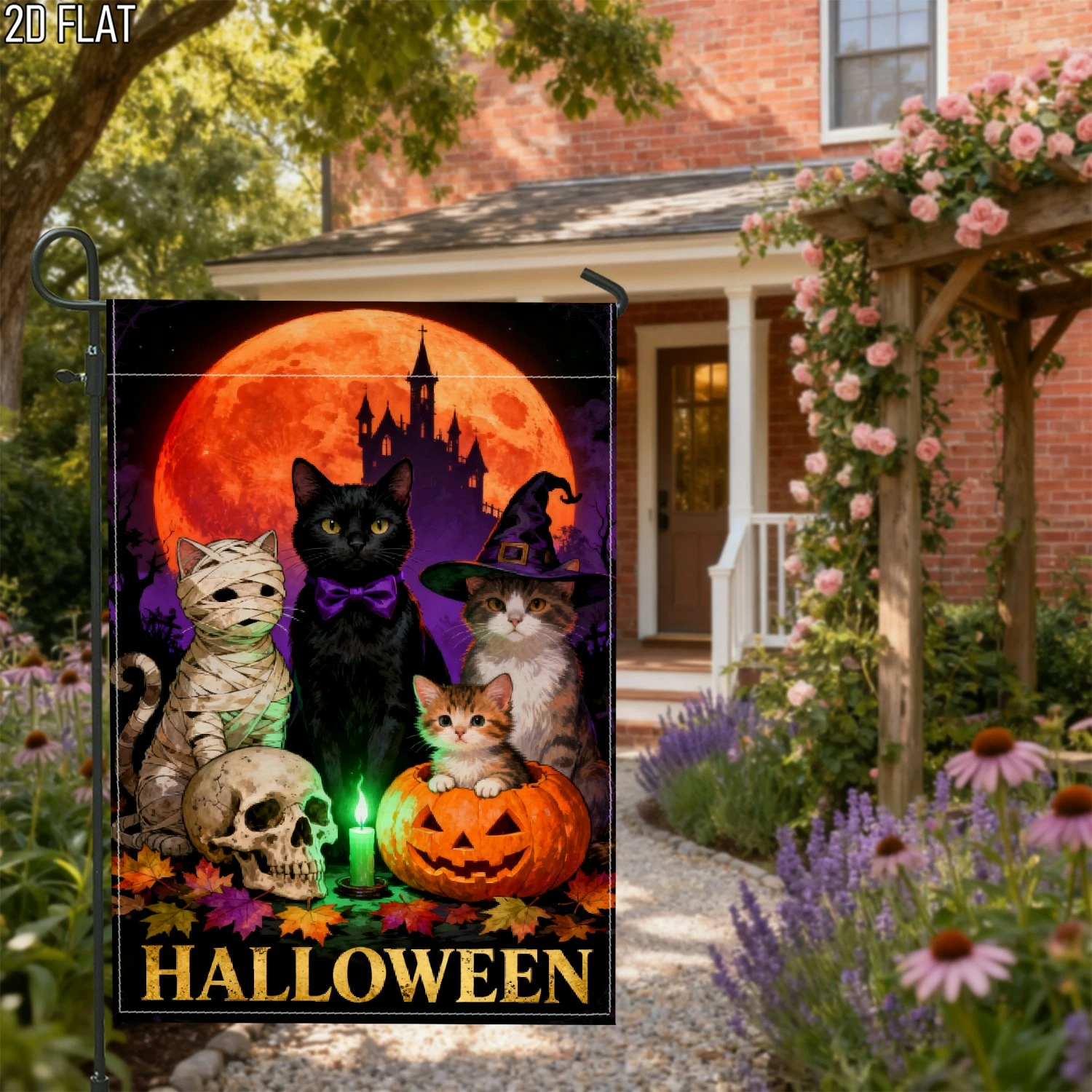 1pcs Halloween Cute Cats Garden Flag Spooky Witch Mummy Black Cat Pumpkin Seasonal Outdoor Yard Lawn Decor Flag