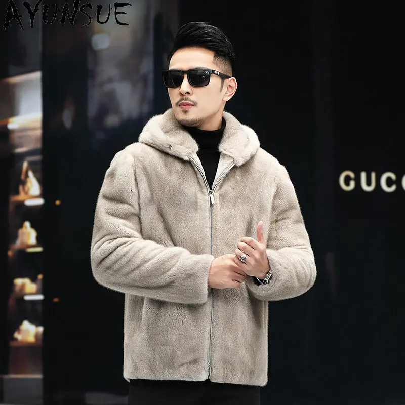 AYUSNUE Natural Mink Coat Men Luxury Clothes Fashion Winter Jacket Whole Female Mink Real Fur Coats Male Hoodie Warm Дубленка