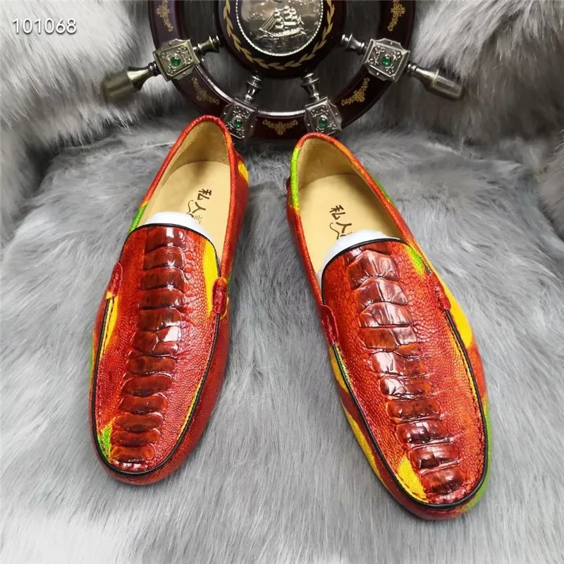 

Authentic Real True Ostrich Foot Skin Unique Red Color Men's Moccasins Shoes Genuine Exotic Leather Male Slip-on Driving Flats