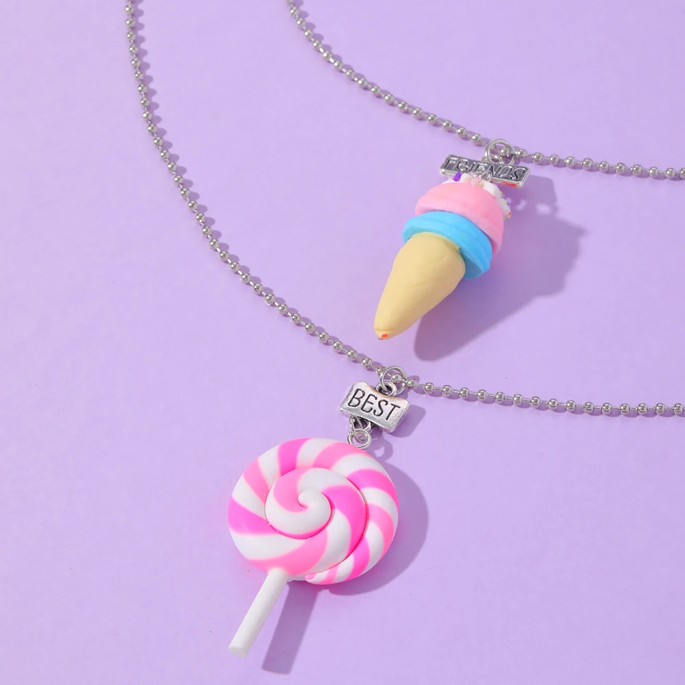 15 Style Polymer Clay Pendant Best Friends Necklace Set BFF Fimo Rainbow Lollipop Ice Cream Cones Charm Beads Chian Kids Gift