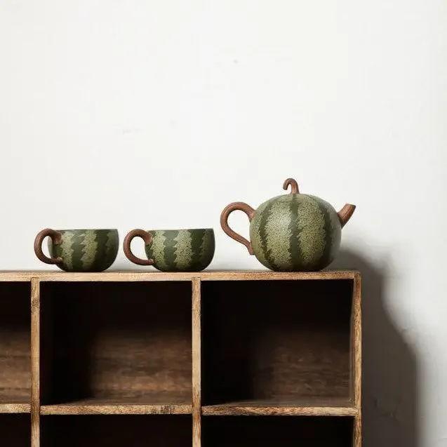 Zisha pot bionic watermelon set, one pot and two cups, all handmade 200c famous high-end Zisha pot