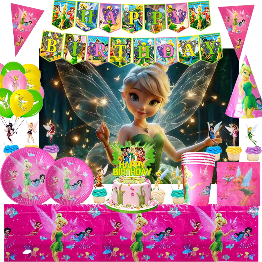 

Disney Princess Cartoon Fairy Tinker Bell Fairy Elves Theme Birthday Party Decoration Tableware Number Latex Balloon Banner Prop
