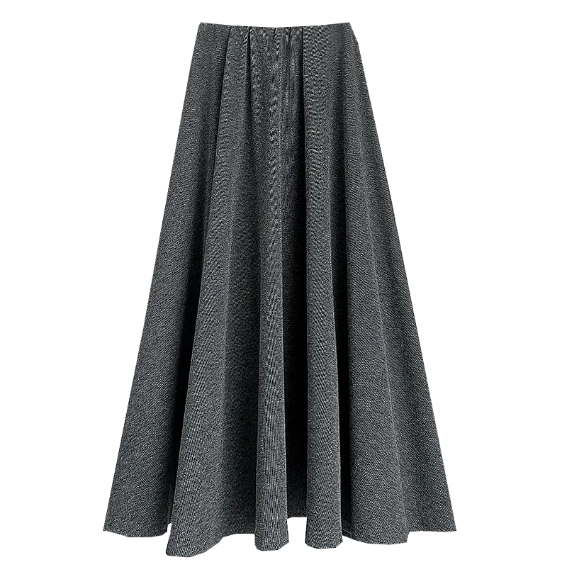 Qiukichonson-Falda larga plisada para mujer, prenda informal de cintura alta con volantes gruesos, color negro y gris, otoño e invierno, 2024