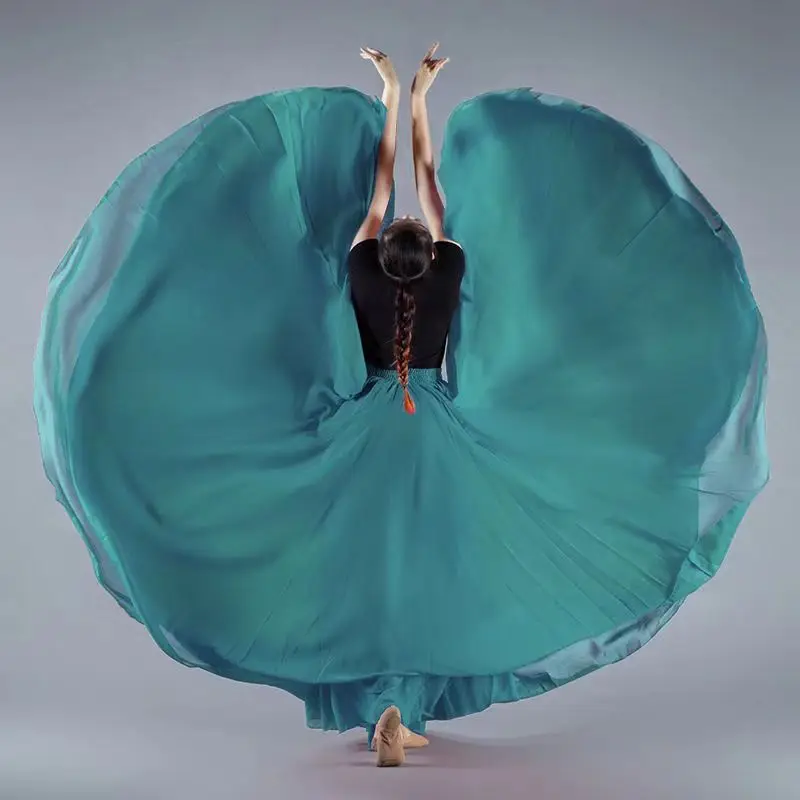 Jupe de danse plissée à 720 degrés en mousseline de soie, longue, couleur unie, taille haute, pour femmes