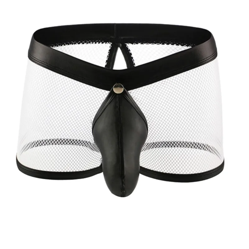 Mens Sexy Underwear Pu Leather Boxer Shorts Sheer Mesh Open Crotch Erotic Lingerie BDSM Fetish Panties Ropa Interior Erotica