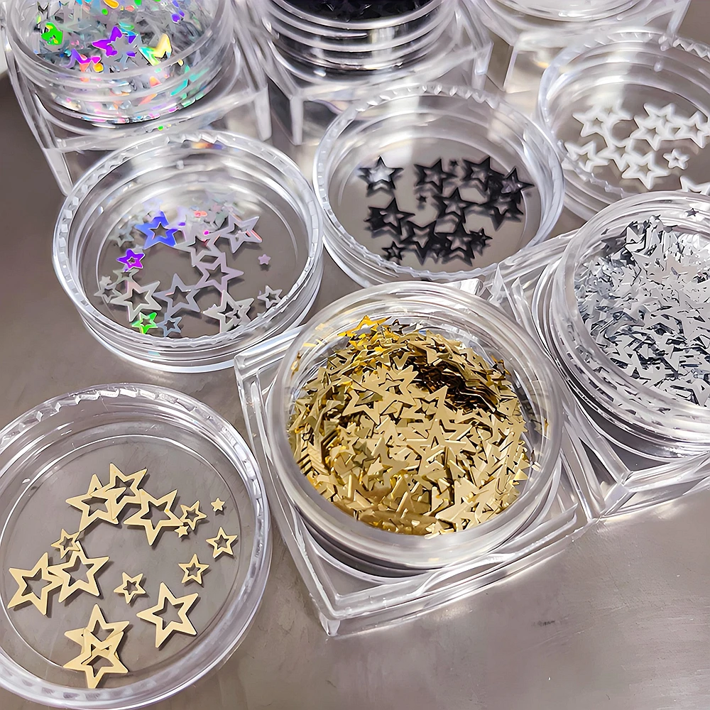 2 Pcs Hollow Pentagram Acrylic Nail Art Sparkle Sequins Stars Decals Accessories For Nails Decoration Manciure Decor Supplies