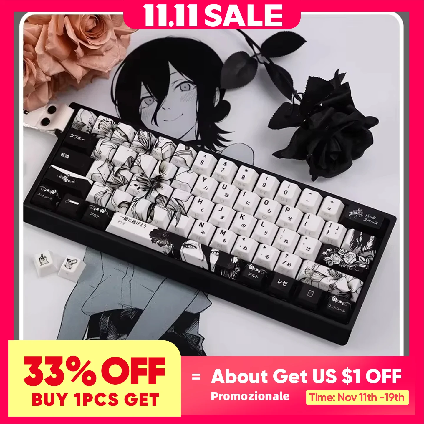 

REZE, белые, черные колпачки для клавиш с аниме-темой, вишневый профиль, индивидуальный PBT-сублимационный краситель для клавиатуры Mad 60he Aula Win60 Wooting60