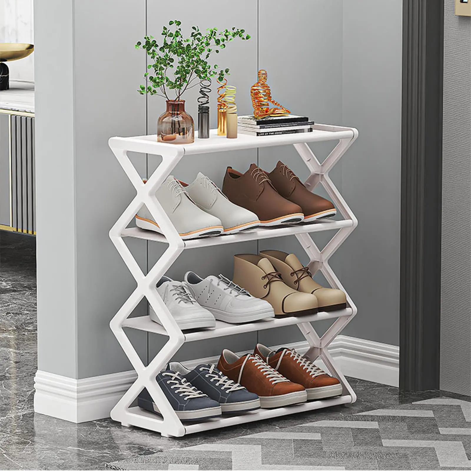 4-Tier Foldable X-Shape Shoe Rack, Space Saving Freestanding Shoe Organizer for Hallway Closet Rental Home