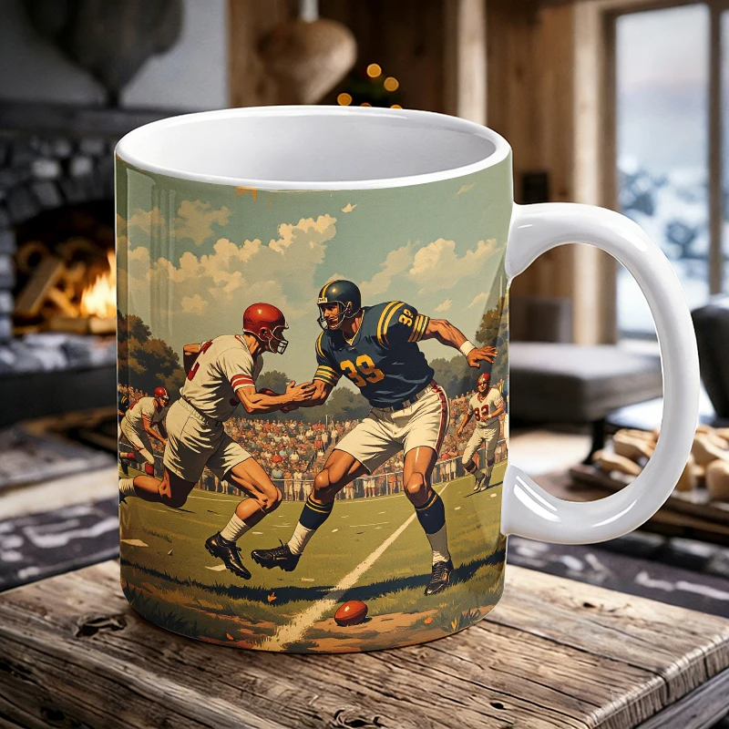 

11 oz football game ceramic mug with handle, full-print pattern coffee cup, insulated milk cup, office water cup, fade-resistant