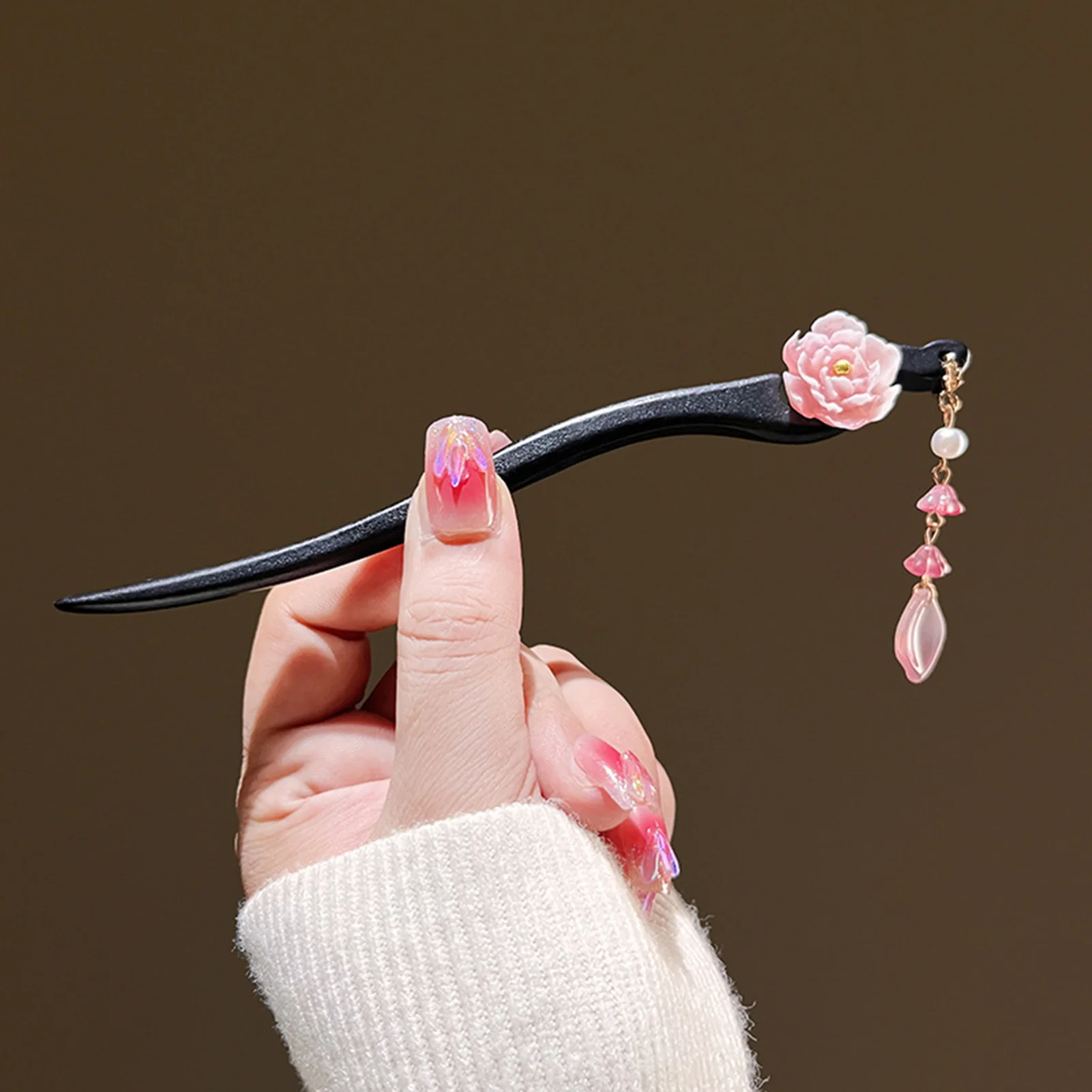 Vintage Chinese Style Wooden Pink Flower Hairpin Jewelry Hair Sticks for Women Temperament Hair Accessories Wedding Gift